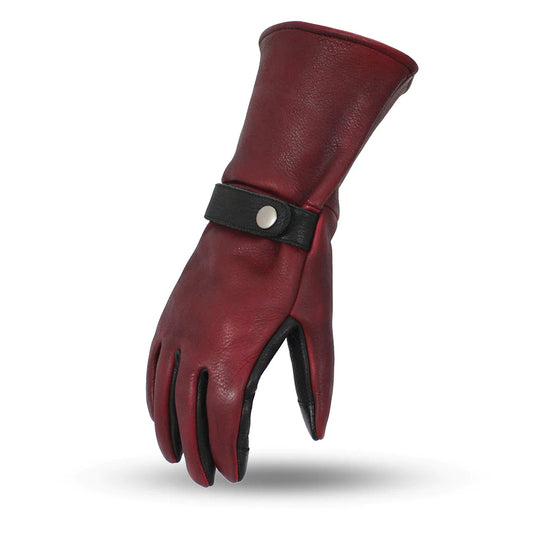 Phenom Gauntlet Oxblood Red and Black Leather Motorcycle Riding Gloves Long Gauntlet Arm Cuff Utility Wrist with snap soft liner