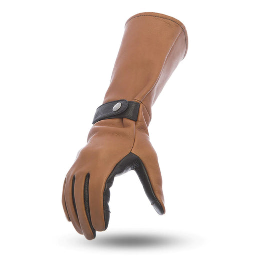 Phenom Tan and Black Leather Motorcycle Riding Gloves Extra Long Gauntlet Arm Utility Wrist with Snap Liner