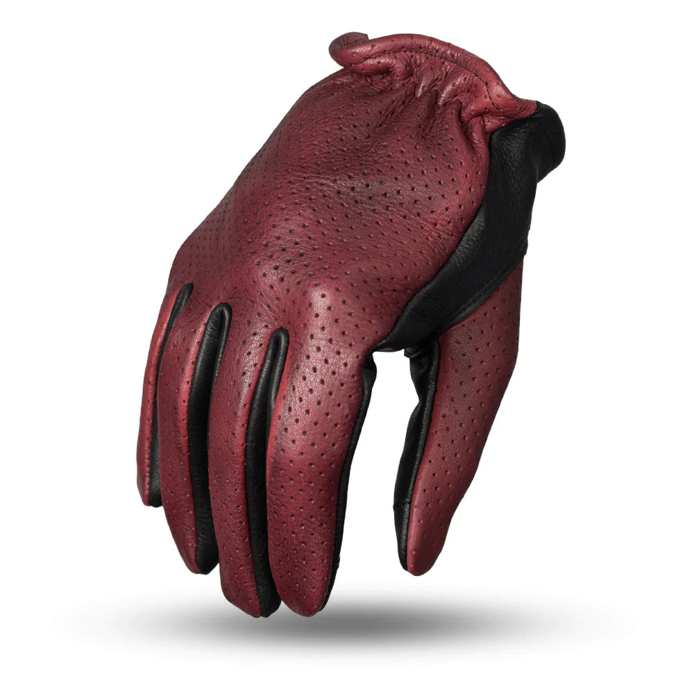 Perforated Roper Red Black Leather Motorcycle Riding Gloves Short Cuff Elastic Wrist