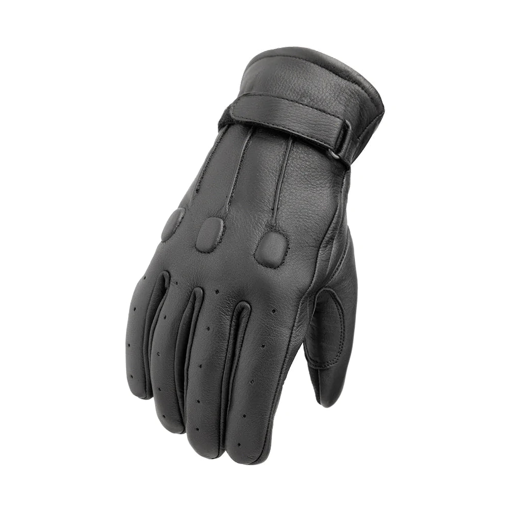 Fast Back Black Deer Skin Padded Perforated Motorcycle Riding Glove Short Cuff Velcro Wrist