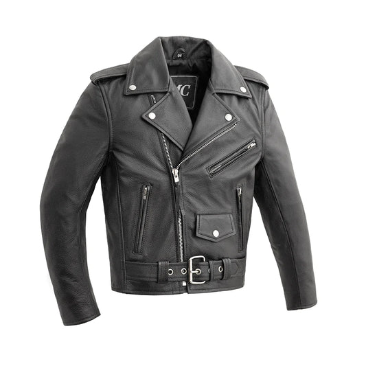 Cry Baby Kid's Black Classic Motorcycle Leather Jacket V-Neck collar asymmetrical zipper waist belt buckle