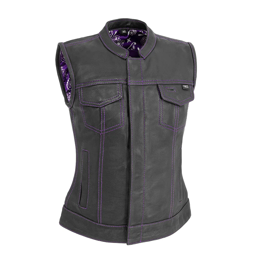 Jessica Purple classic club mc black purple motorcycle vest high banded collar zipper front covered snaps double chest pockets paisley interior solid back