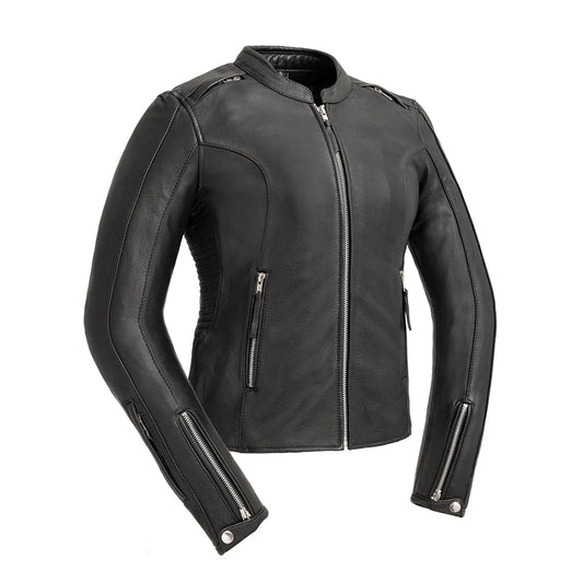 Cyclone Women's Black European Cafe Scooter Racer Style Leather Motorcycle Jacket with High Collar Front Zipper Double Waist Pockets and Zipper Sleeves