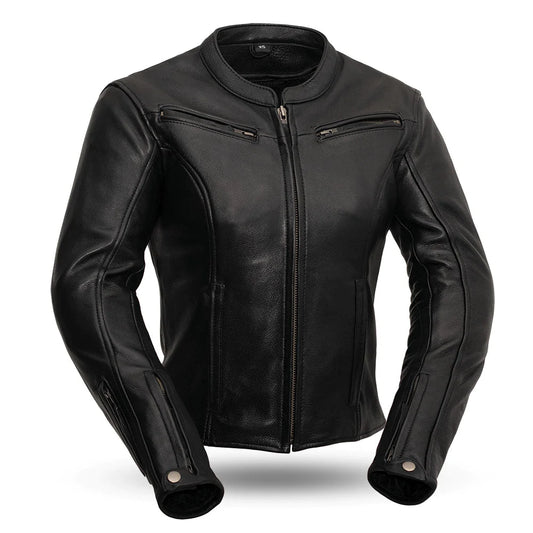 Speed Queen women's black european cafe racer scooter style leather motorcycle jacket with high banded collar front zipper double slash chest pockets
