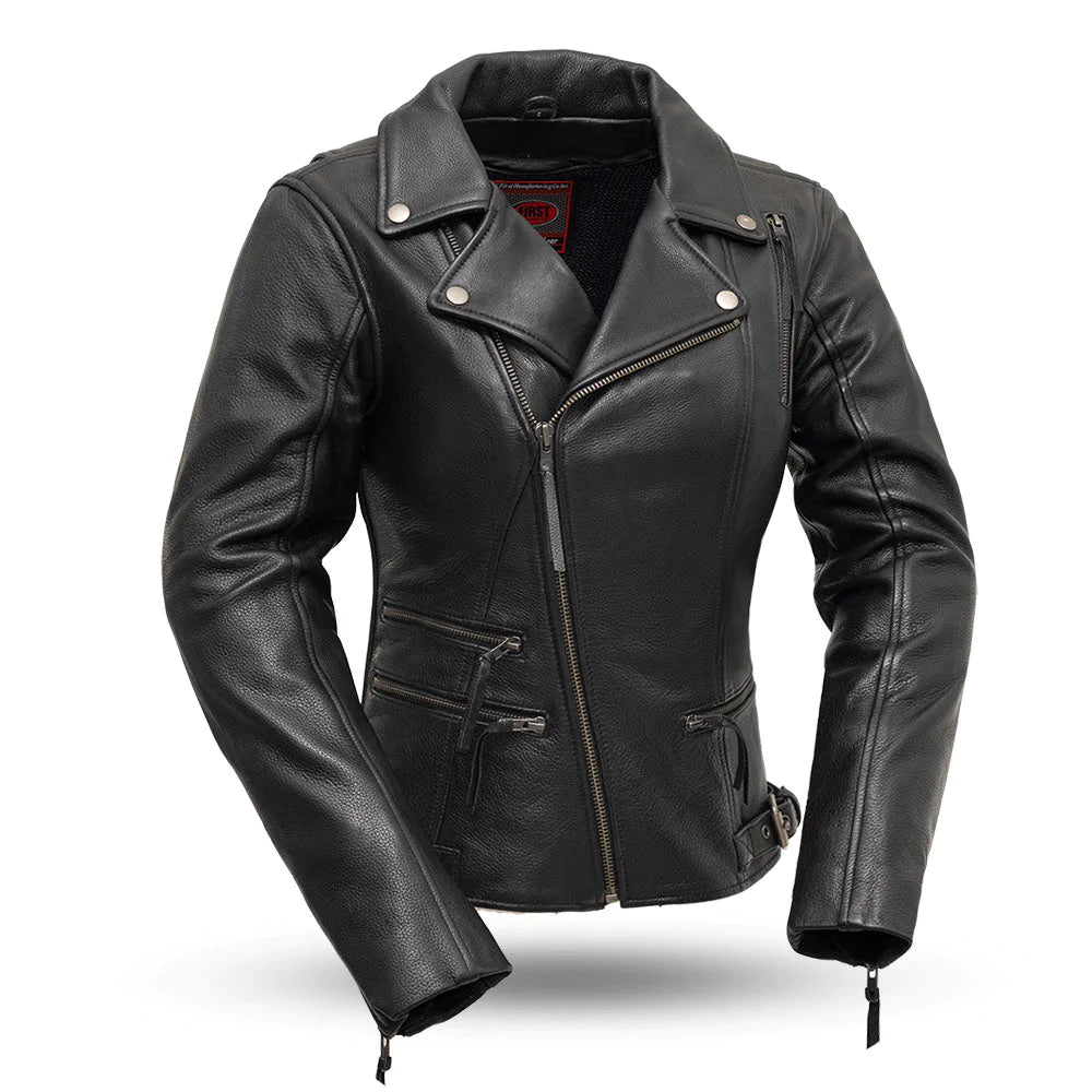 Monte Carlo women's fashion classic black motorcycle leather jacket with v-neck collar asymmetrical front zipper decorative zipper pockets on waist