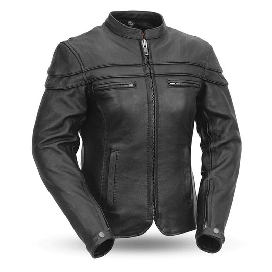 Maiden women's black european cafe scooter style motorcycle leather jacket with high banded collar front zipper double chest and waist pockets decorative horizontal chest seams