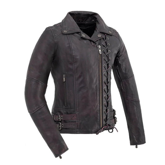 Wildside women's fashion antique black leather motorcycle jacket with v-neck collar asymmetrical front zipper decorative grommet lace front double waist belt buckles