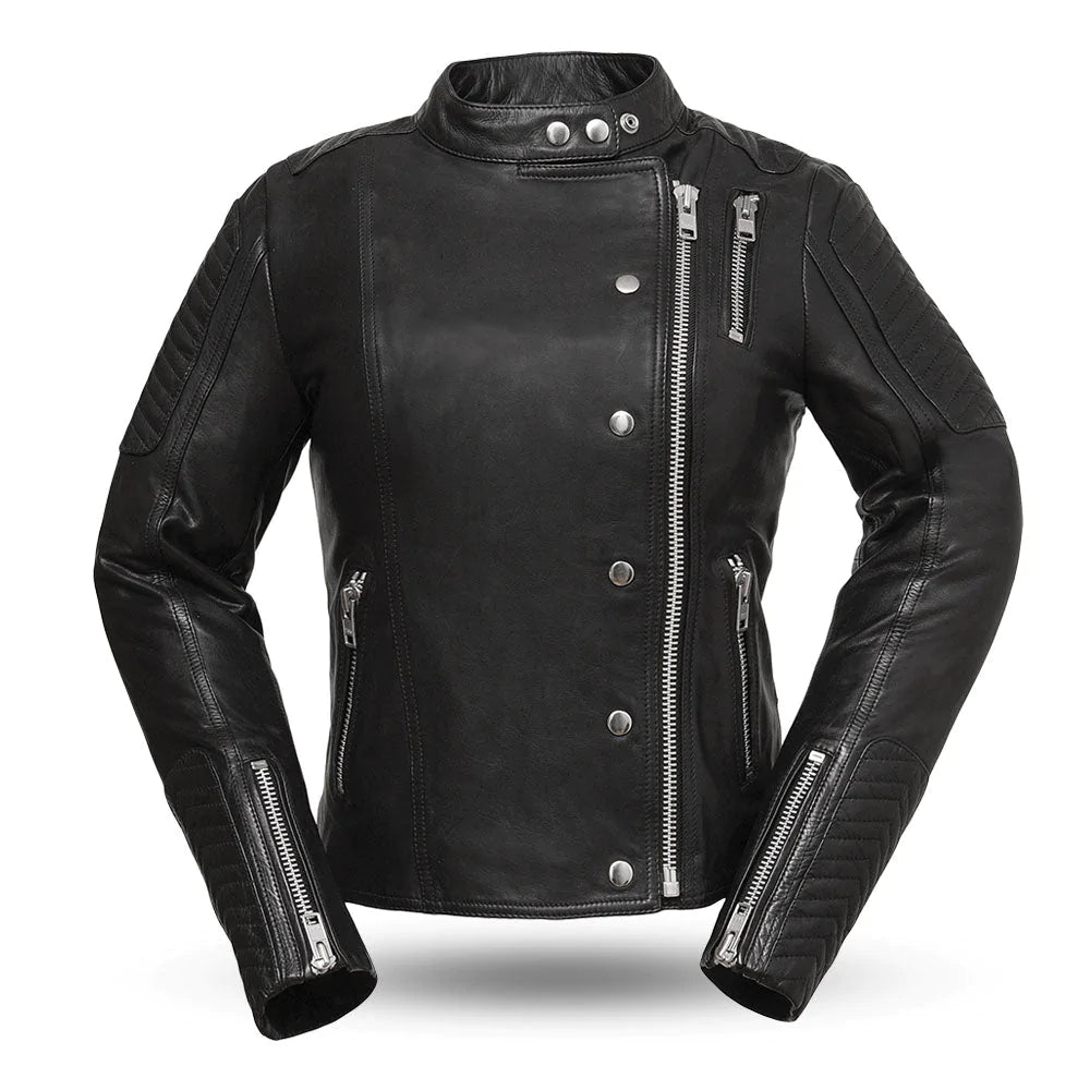 Warrior Princess women's black european cafe scooter style leather motorcycle jacket with asymmetrical front zipperd decorative front snaps single slash chest pocket