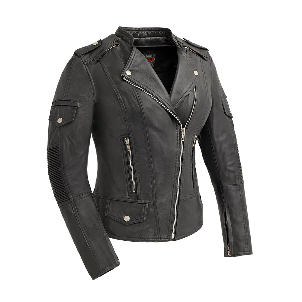 Tantrum women's fashion black classic leather motorcycle jacket with v-neck collar asymmetrical front zipper double slash waist pockest sleeve zipper and covered pockets