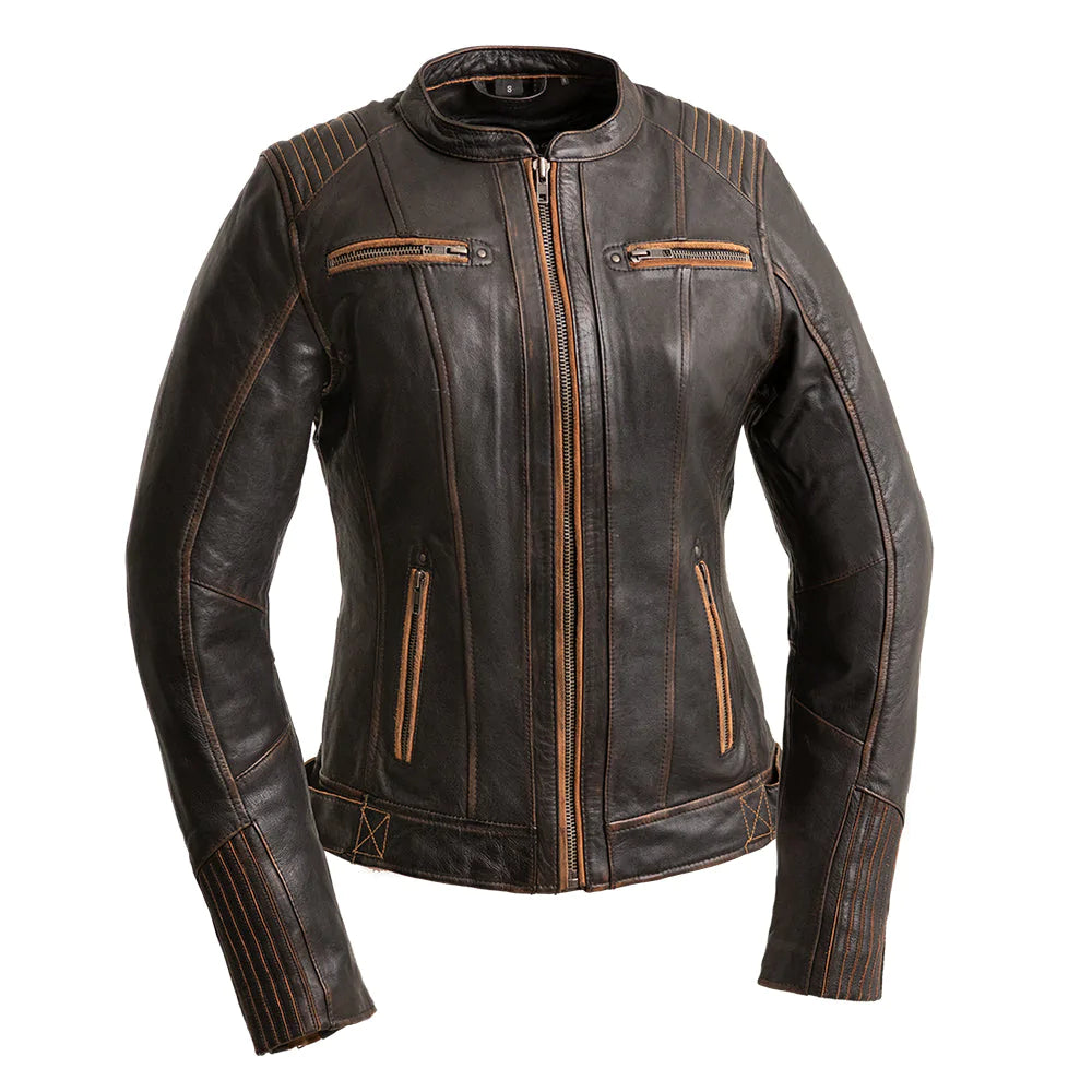 Electra Women's vintage antique brown whiskey european cafe scooter style leather jacket with high collar front zipper armored shoulders double chest and waist pockets