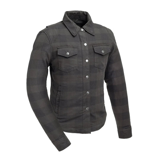 Sophia Women's Black Gray Flannel Motorcycle Riding Shirt Cuff Collar Snap Up Front Double Chest Pockets Kevlar Liner Waterproof Shirt Armor Inserts