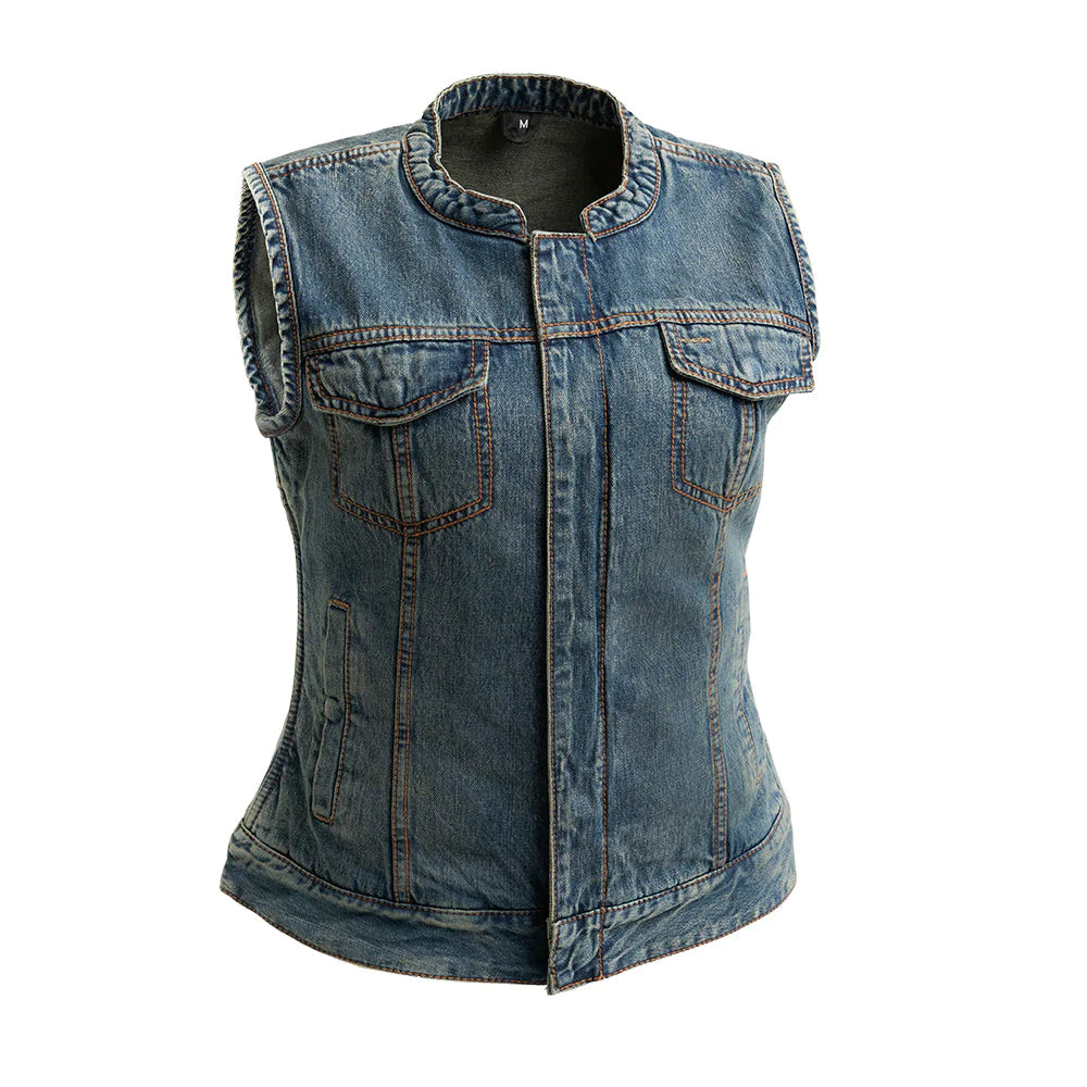 Lexy Women's Blue Jean Denim Club MC Motorcycle Vest Vest High Banded Collar Double Chest Pockets Solid Back Front Zipper Covered Snaps
