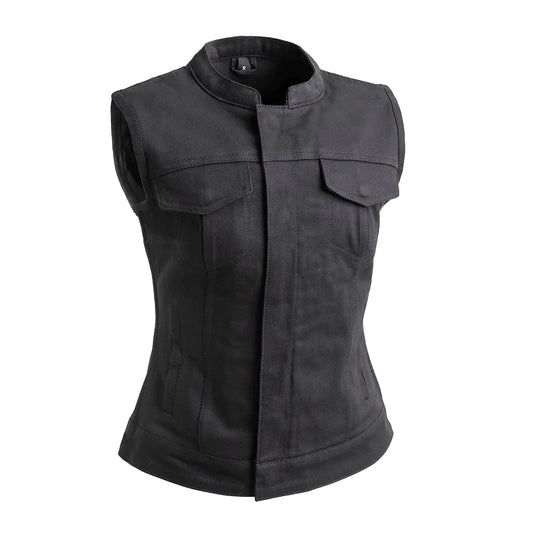 Lexy Women's Black Twill Canvas Club MC Motorcycle Vest High Banded Collar Solid Back Double Chest Pockets