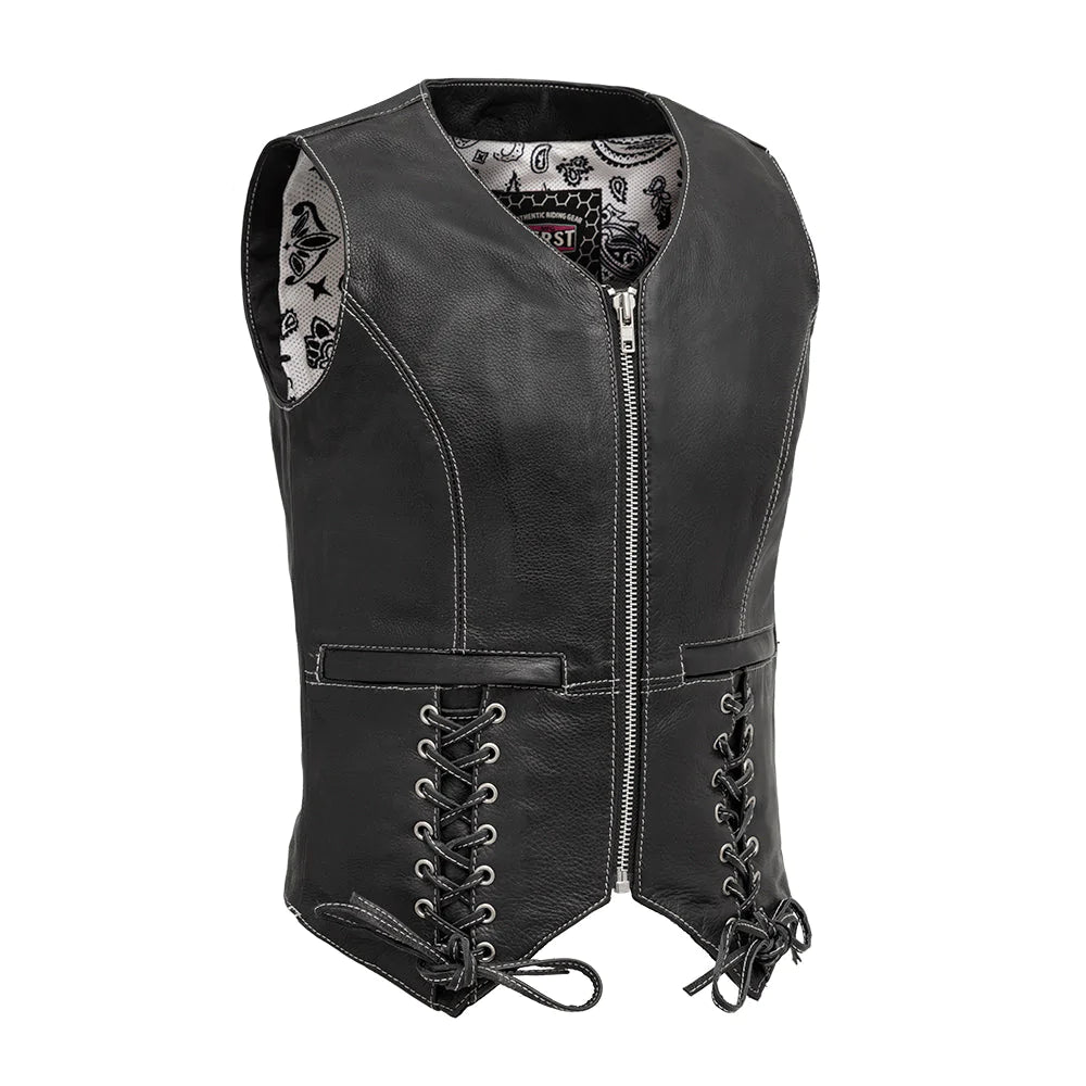 Love Lace women's classic club mc black white leather motorcycle vest v-neck collar zipper front double waist pockets with grommet lace paisley interior solid back