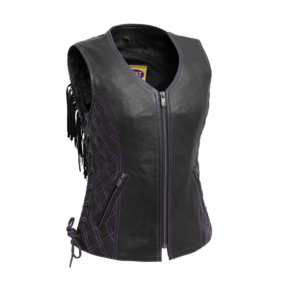 Bandida women's classic club mc black purple leather motorcycle vest v-neck collar fringe lace up sides zipper front slash waist pockets