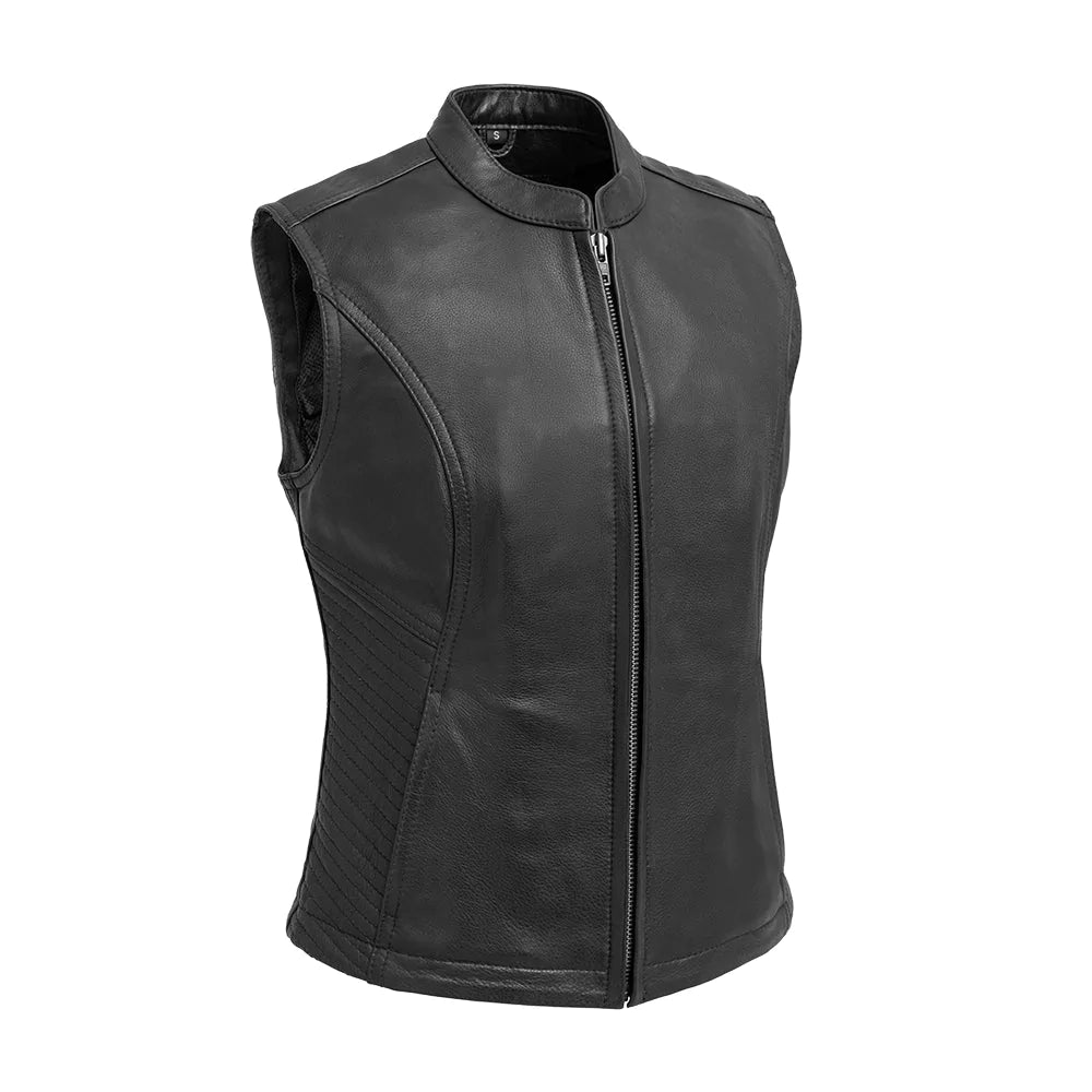 Nina women's classic club mc black leather motorcycle vest high banded collar front zipper reinforced waist solid back mesh liner