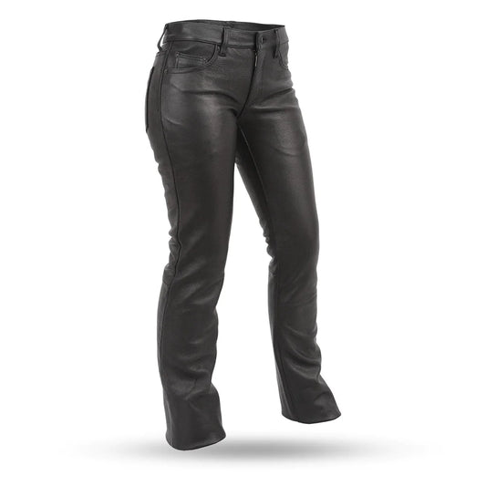Alexis Women's Black Leather Motorcycle Pants Pockets Belt Loops
