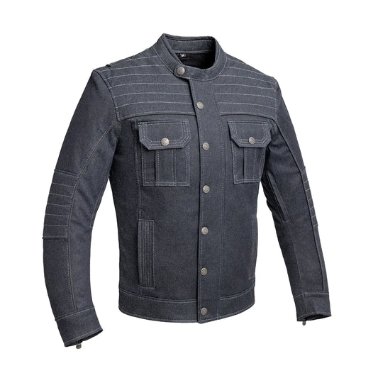 Rowdy Men's Modern Thunder Denim Cafe Scooter Racer Style Heavy Blue Jean Motorcycle Jacket with high banded collar front snaps quilted shoulders and elbows reinforced liner