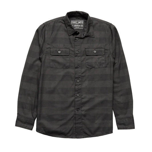 Frontier Men's Black Gray Flannel Motorcycle Shirt with Button Up Front Cuff Collar Double Chest Pockets