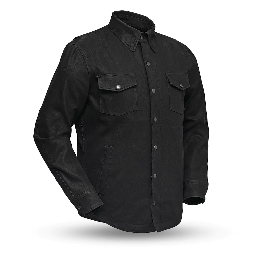 Equalizer Men's solid black Denim Canvas Motorcycle Shirt with Collar Reinforced Armor Double Chest Pockets front snaps