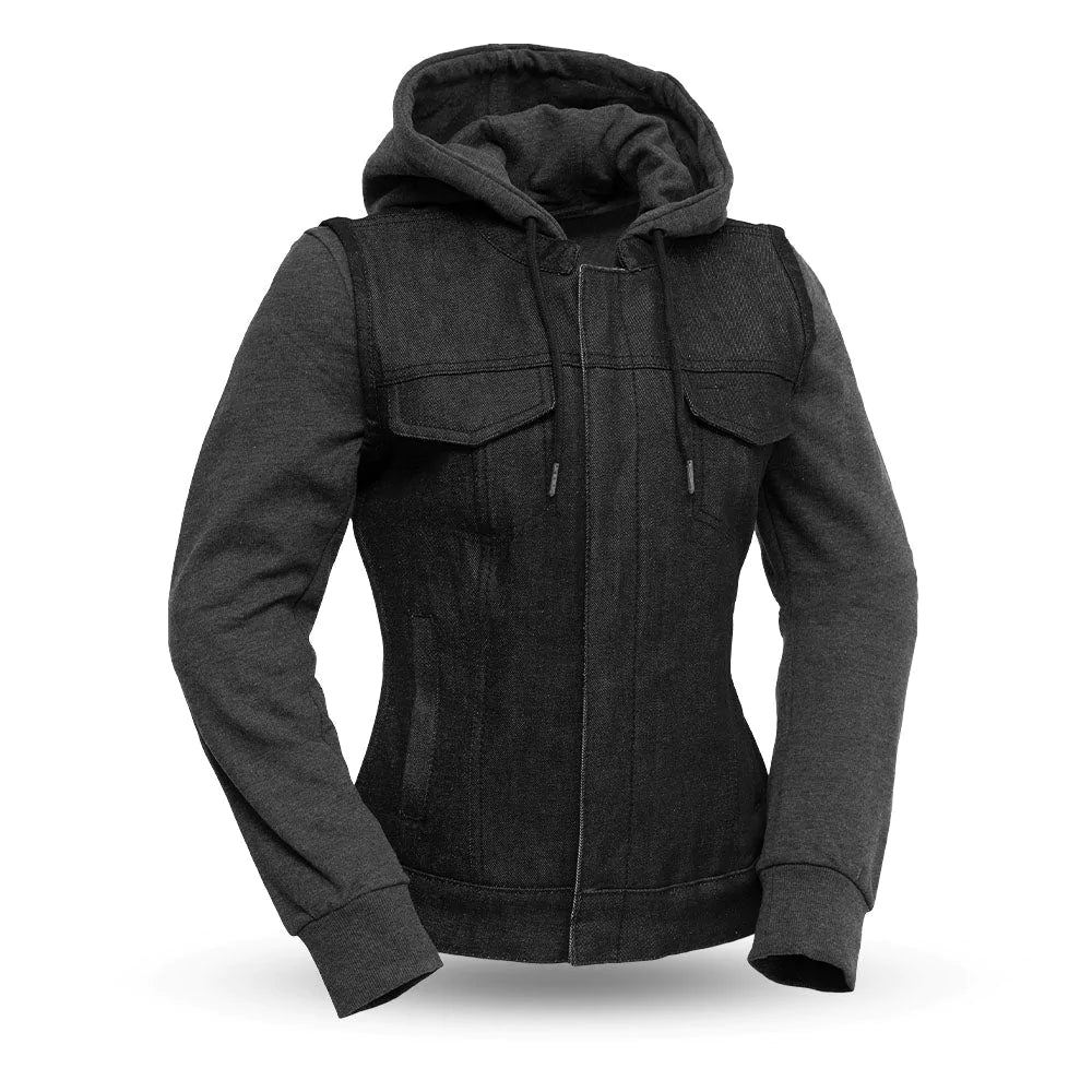 Essex Women's Black Gray Denim Canvas Textile motorcycle vest with detachable hoodie high banded collar double chest pockets
