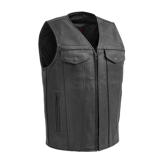 Badlands men's black leather motorcycle vest with v-neck collar double covered chest pockets front zipper double zip waist pockest western style