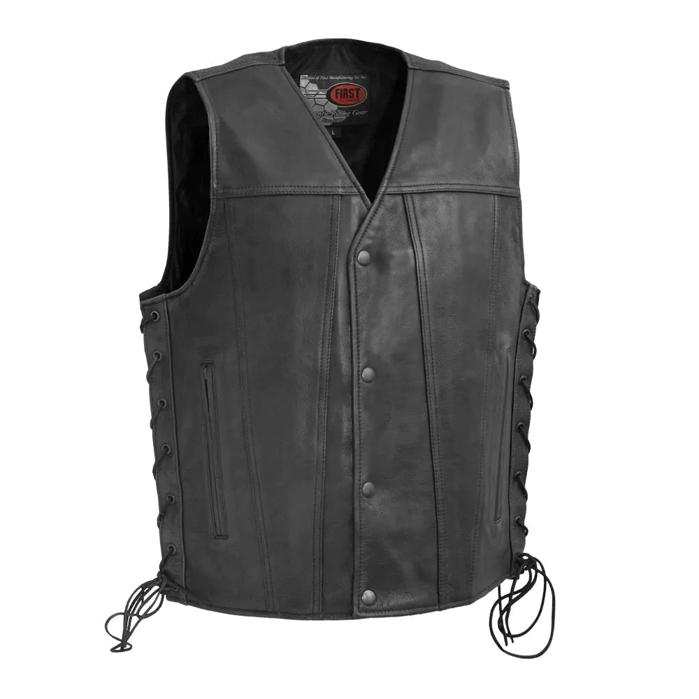 High Roller men's classic club mc black leather motorcycle vest v-neck collar lace up sides black hardware side slash waist pockets mesh liner