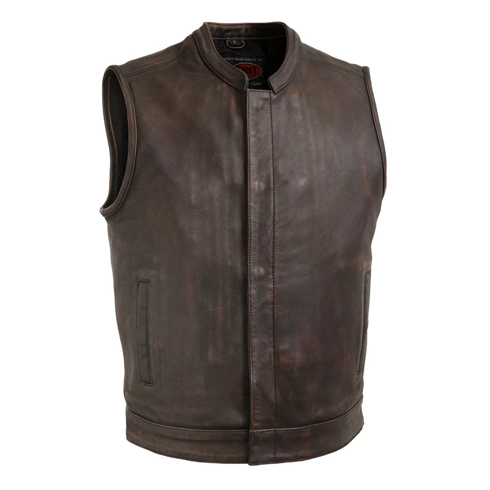 Top Rocker men's classic club mc antique brown leather motorcycle vest high banded collar front zipper covered snaps double waist pockets solid front solid back mesh liner