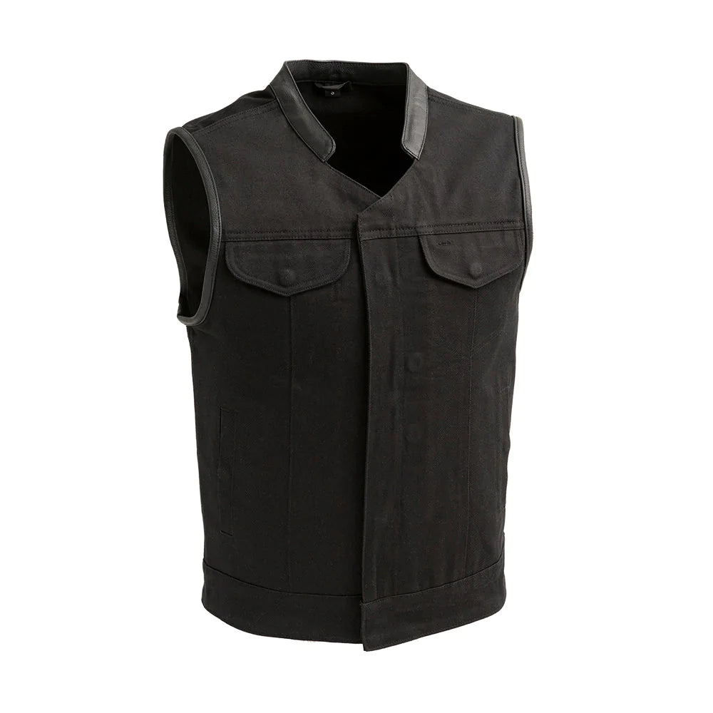 Crossover Men's Black Twill and leather club mc motorcycle vest with v-neck banded collar front zipper covered snaps