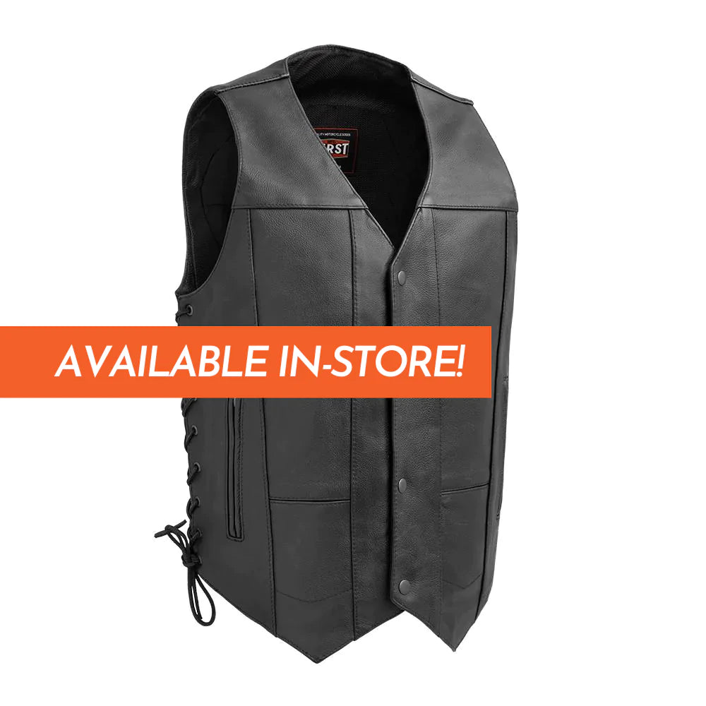 Top Shot men's classic club mc black western style leather motorcycle vest v-neck collar black hardware double waist pockets lace up sides mesh liner solid back
