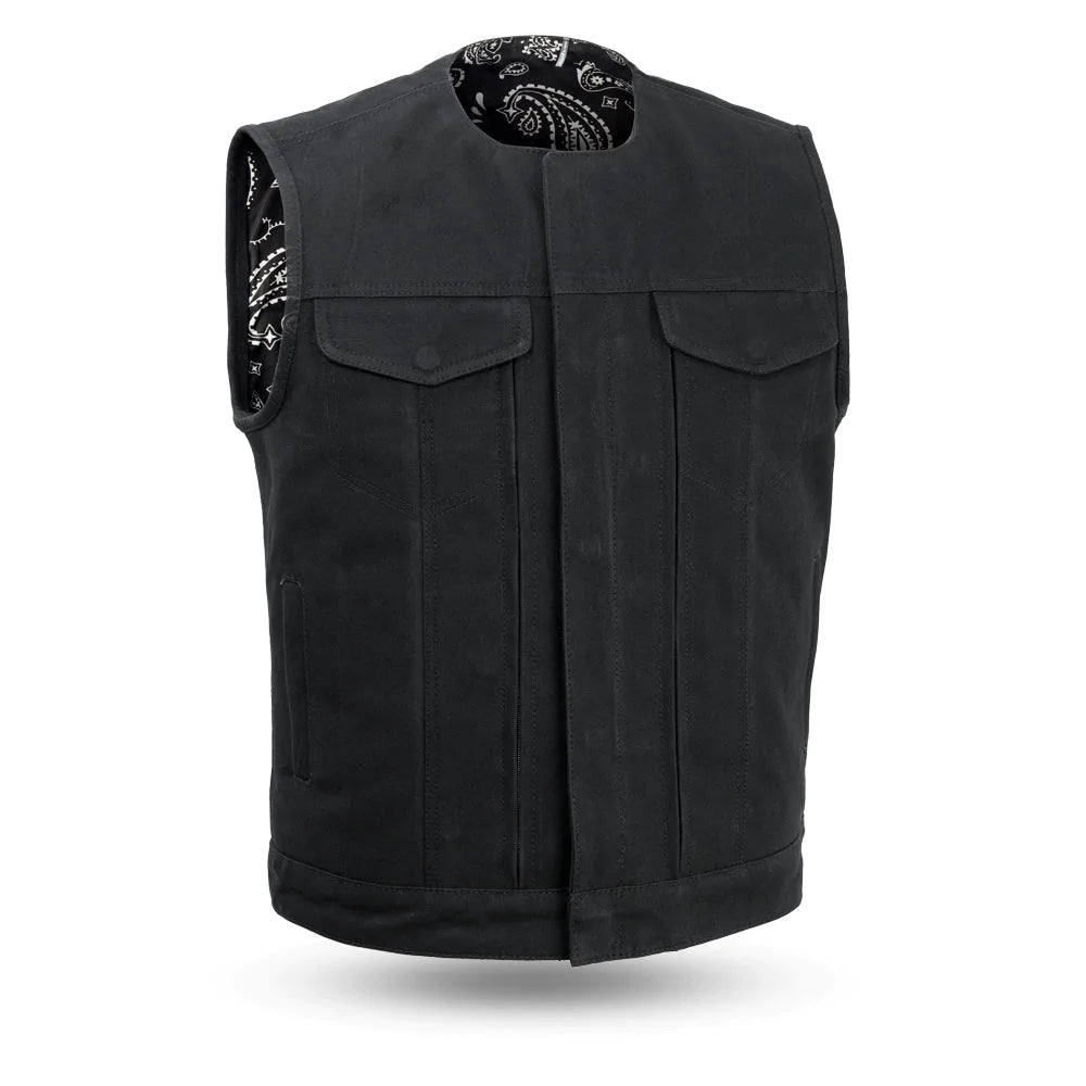 Fairfax Heavy Hitter Men's Black Canvas Club MC Motorcycle Vest no collar white paisley interior double chest pockets front zipper covered snaps Large front utility tool pockets