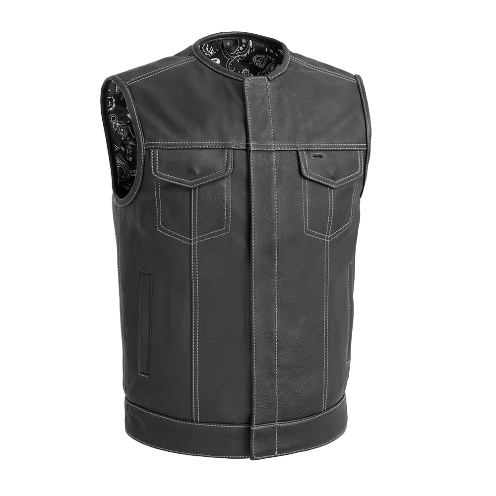 Bandit men's club style black motorcycle leather vest with low collar front zipper covered snaps white seams double covered chest pockets