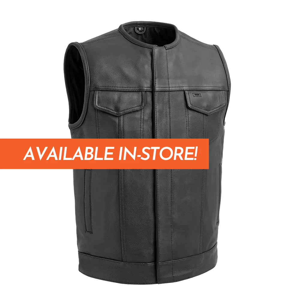 Highside men's black classic club mc leather motorcycle vest low collar front zipper covered snaps double chest pockets mesh liner