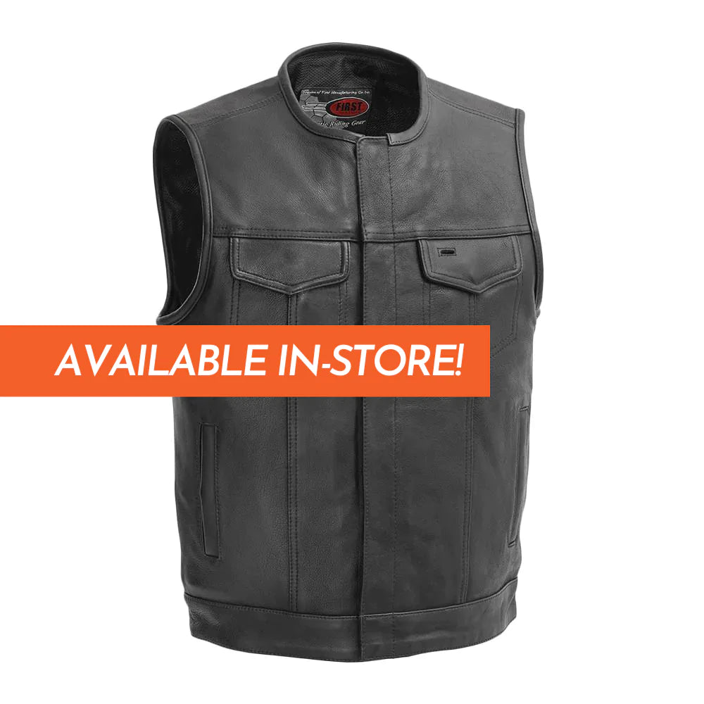 No Rival men's classic mc black leather motorcycle vest with low collar front zipper covered snaps double chest pockets solid back mesh liner