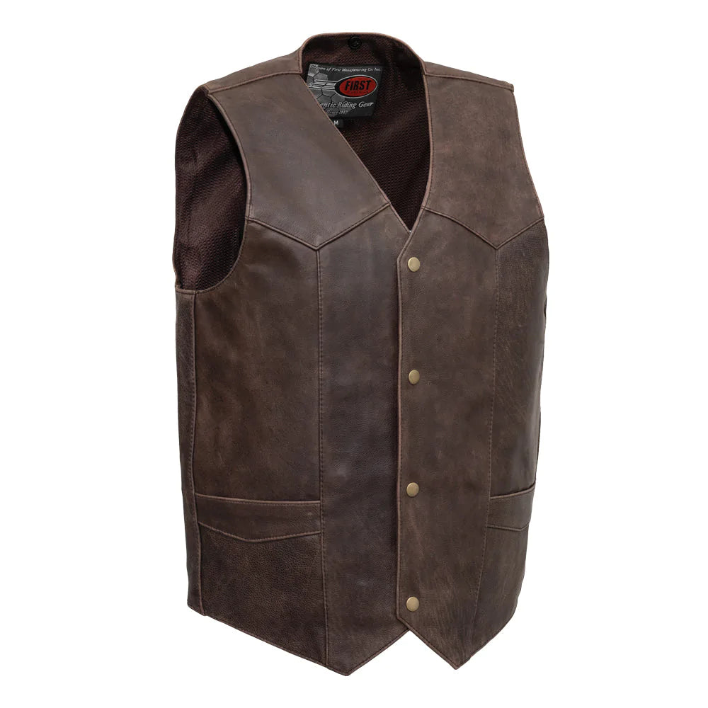 Texan men's antique brown copper classic club mc leather motorcycle vest v-neck collar bronze hardware low waist pockets solid back mesh liner