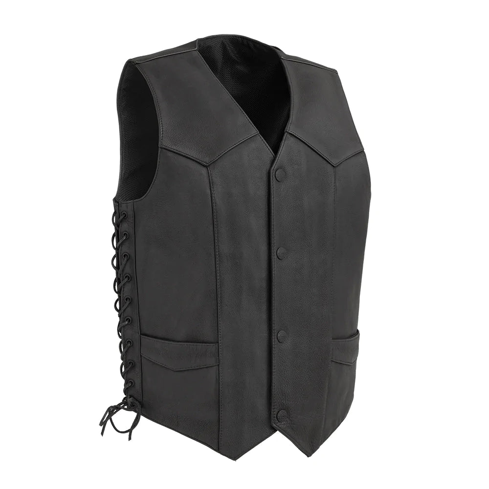 Deadwood men's club mc black western style leather motorcycle vest with v-neck collar black hardware snap up front lace up side low waist pockets mesh liner