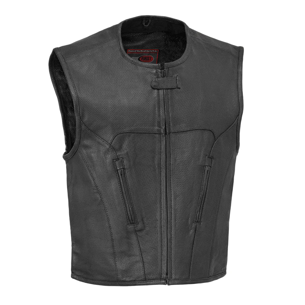 Raceway men's classic club mc black leather motorcycle vest low collar front zipper double slash pockets mesh liner solid back