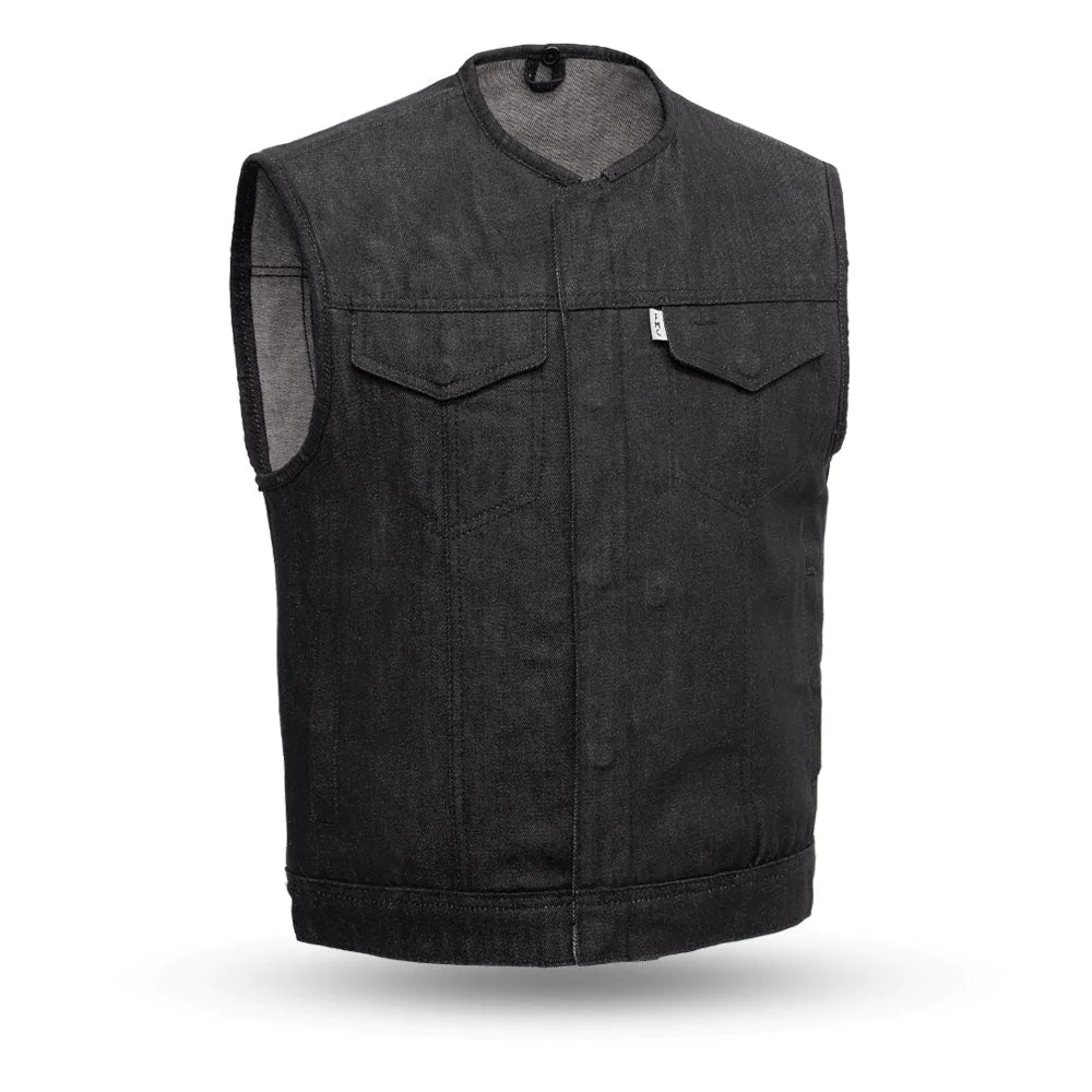 Murdock Men's Dark Denim Heavy Club MC Motorcycle Vest Low Collar Front Zipper Covered Snaps Double Chest Pockets Solid Back