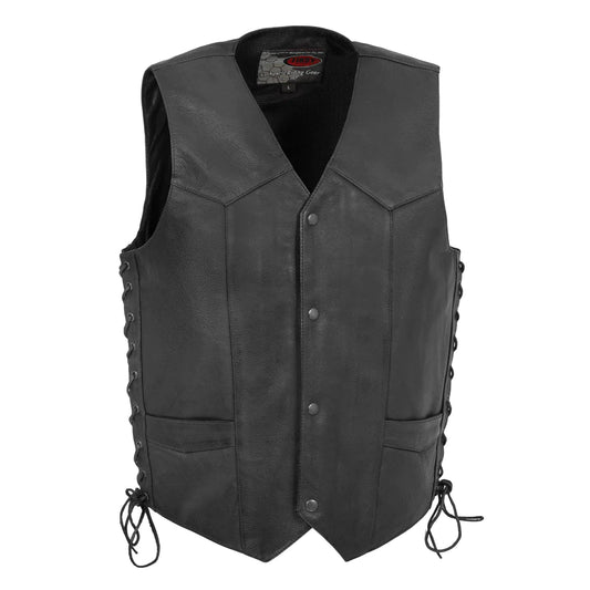Rancher men's classic club mc western style black leather motorcycle vest v-neck collar black hardware lace up sides mesh liner low waist pockets solid back