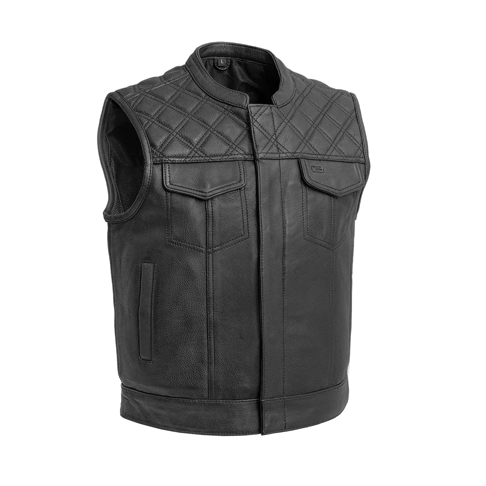 Upside men's classic club mc style black leather motorcycle vest quilted shoulders front zipper covered snaps double chest pockets mesh liner solid back