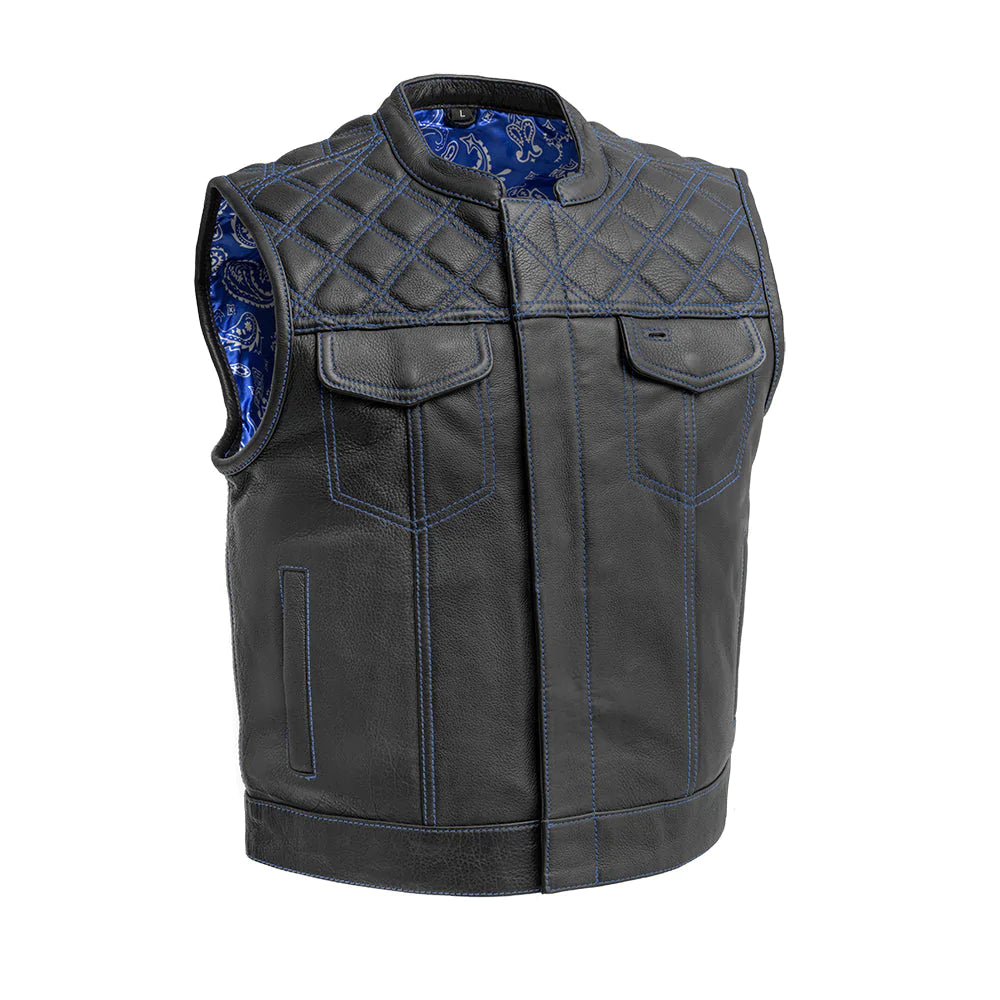 Upside men's classic club mc black blue leather motorcycle vest quilted shoulders high banded collar front zipper covered snaps double chest pockets paisley liner solid back