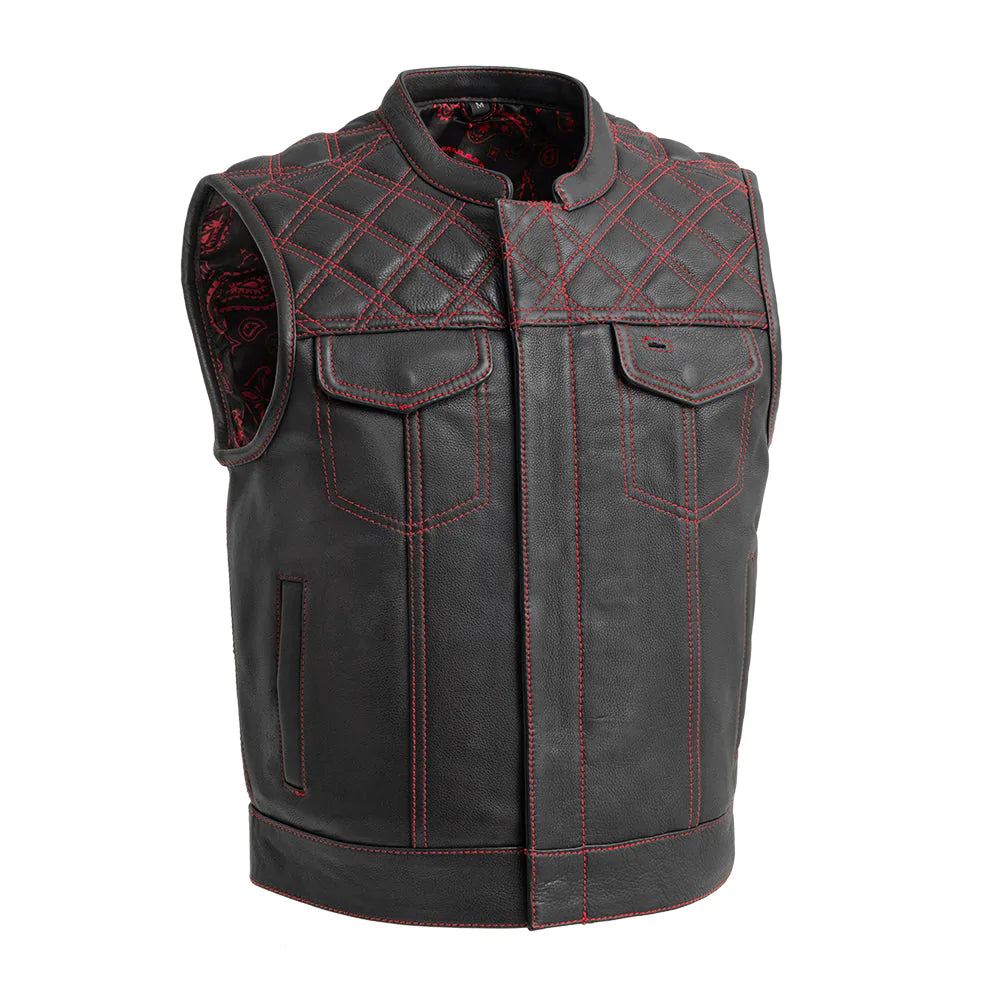 Upside men's classic club mc black red leather motorcycle vest quilted shoulders high banded collar double chest pockets paisley liner solid back