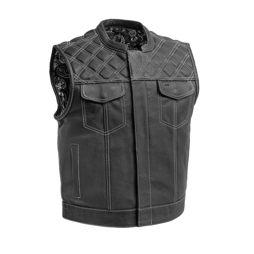Upside men's classic club mc black white leather motorcycle vest quilted shoulders high banded collar front zipper covered snaps double chest pockets paisley interior solid back
