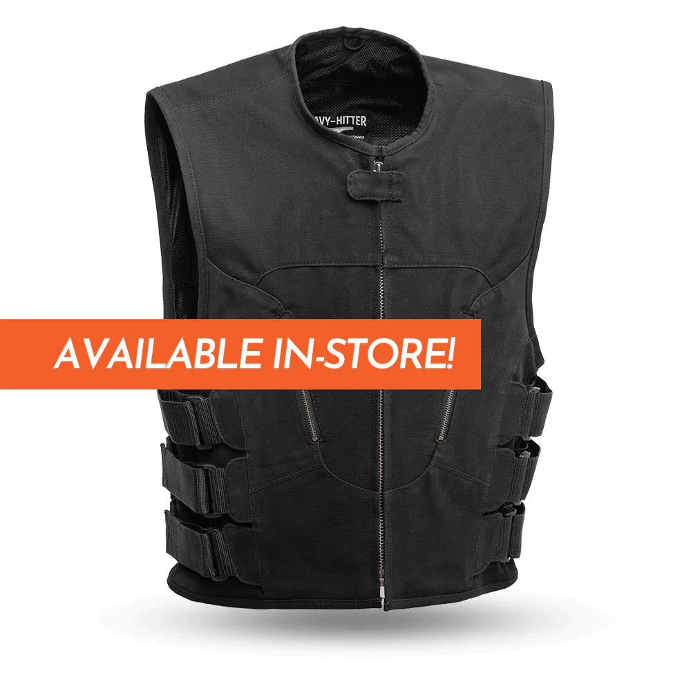 Commando Men's Black canvas club mc swat style vest low collar front zipper triple side straps