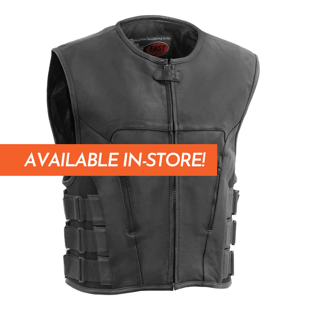 Commando men's black club mc swat style leather motorcycle vest low collar front zipper adjustable side buckles mesh liner