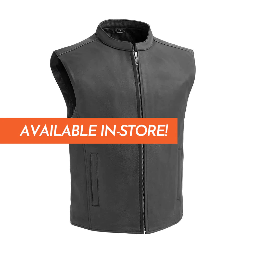 Club house men's classic club mc black leather motorcycle vest with high banded collar front zipper double slash waist pockets mesh liner