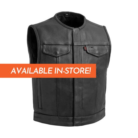 Lowside men's classic club mc black leather motorcycle vest low collar front zipper covered snaps double chest pockets mesh liner solid back