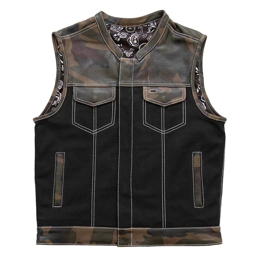 Infantry Men's Black Green Camo Canvas Leather Trim Club MC Motorcycle Vest Paisley Interior High Banded collar front zipper covered snaps double chest pockets