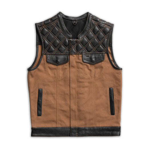 Hunt Club Men's Duck Canvas Black Leather Trim Club MC Motorcycle Vest Quilted Top Tan Stitch High Banded Collar Front Zipper Covered Snaps Double Chest Pockets