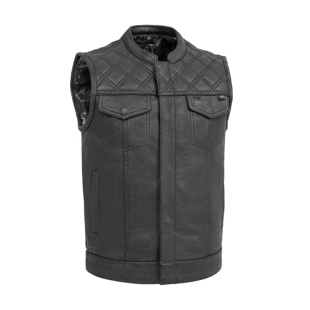 Signature men's club mc black leather motorcycle vest quilted shoulders high banded collar front zipper covered snaps double chest pockets paisley interior